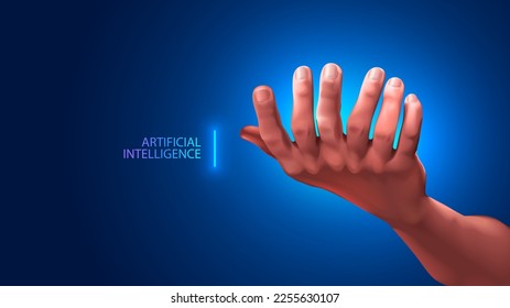 AI erzeugt mit vielen Fingern das Bild menschlicher Hand. Künstliche Intelligenz Generation Bildpalme mit 7 Fingern. Neuralnetzglitch. Fehler bei der AI-Malerei. Fehler bei Werken neuraler Netzwerke.