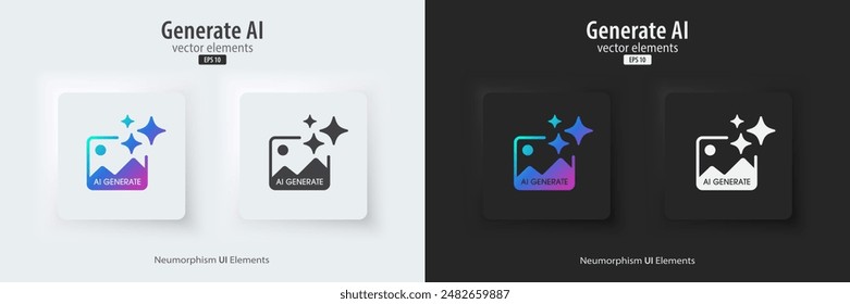 AI generate image icon. A set of buttons with symbols. Image enhancement, improved quality, generated. Artificial intelligence technology concept. Neumorphism style, UI UX design, Vector illustration.