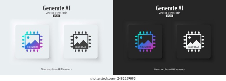 AI generate image icon. A set of buttons with symbols. Image enhancement, improved quality, generated. Artificial intelligence technology concept. Neumorphism style, UI UX design, Vector illustration.