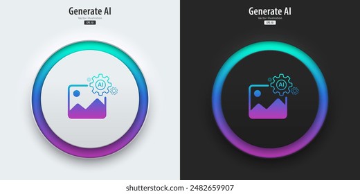 AI generate image icon. A set of buttons with symbols. Image enhancement, improved quality, generated. Artificial intelligence technology concept. Neumorphism style, UI UX design, Vector illustration.