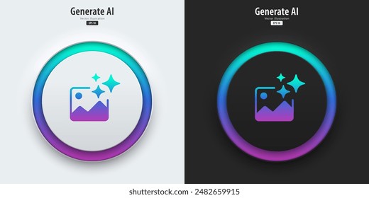 Icono de Imagen de generación de IA. Conjunto de Botones con símbolos. Mejora de la Imagen, calidad mejorada, generada. Concepto de tecnología de inteligencia artificial. Estilo de neumorfismo, diseño UX UI, Ilustración vectorial.