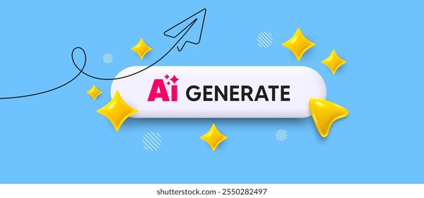 AI generate message in search bar 3d template. AI generate search button. 3d mouse cursor with continuous line paper plane. Share template banner with artificial intelligence search bar. Vector