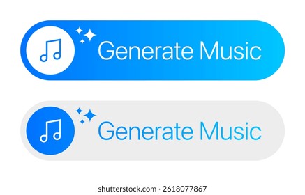 Ai generate music button. Artificial intelligence generate music audio ui button. Vector illustration of button with generate music text and Ai music symbol icon.