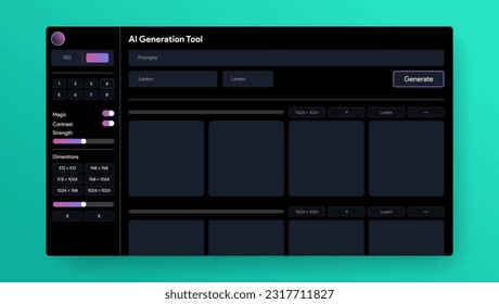 AI generate tool interface. Artificial intelligence UI site. Image making process. LLM site. Leonardo, diffusion page mock-up. Vector illustration design