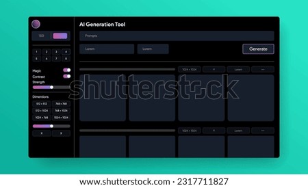 AI generate tool interface. Artificial intelligence UI site. Image making process. LLM site. Leonardo, diffusion page mock-up. Vector illustration design