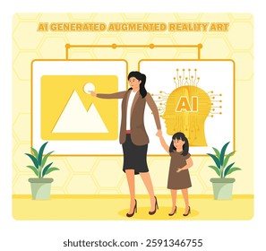 AI Generated Augmented Reality Art concept. A mother and her child engaging with an AI interactive display, showcasing augmented reality art, promoting education. Flat vector modern illustration 