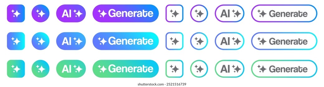 AI generated buttons set for artificial intelligence generate app isolated on transparent backgroun. Artificial intelligence generate buttons collection