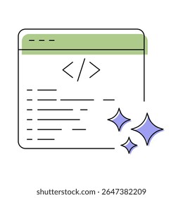 Ícone do vetor de código gerado pelo AI. Colchetes de código com texto. Programação automatizada, geração de código com IA, desenvolvimento inteligente, soluções de software, criação de código digital.