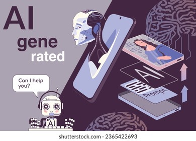 Ai generated collage of flat icons with smartphone layers cyborg head and helping robot chat bubble vector illustration