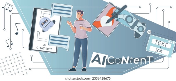 AI generated composition with collage of flat icons robotic hand drawing picture chat bot and text vector illustration