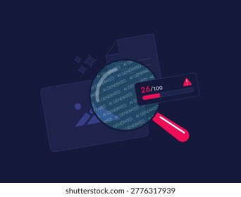 AI generated content detection with verification and fake content check in digital interface. Analyze data and detect ai media with warning alert for secure control vector illustration