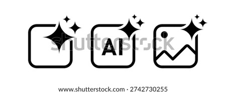 AI generated content sign set, artificial intelligence and machine learning technology symbol, generative AI icons with magic sparkle stars, vector design elements