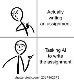 AI generated content use in school instead of writing assignments. Student plagiarism problem. Funny meme for social media sharing.