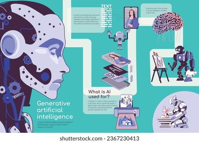 Composición infográfica plana generada por Ai con caracteres robóticos impresora cerebral y smartphone con subtítulos de texto editables ilustración vectorial