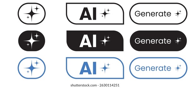 Ícone gerado pelo AI. A inteligência artificial gera um conjunto de vetores de ícone. Botão de símbolo de prompt de comando do AI. Gerar alternância.Ícone do logotipo IA geral símbolo de estrelas cintilantes mágicas , sinal de inteligência artificial.