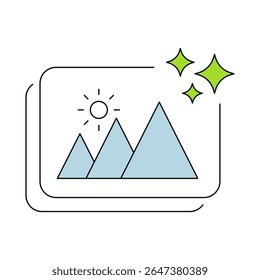 AI Generated Image icon. Picture frame with mountains icon. Automated Art Creation, AI-Powered Visuals, Digital Artwork Generation.