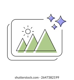 AI Generated Image Vector Icon. Mountain Landscape with Sun. Automated Image Creation, AI-Powered Visual Tools, Digital Art Generation, Creative Visual Solutions.