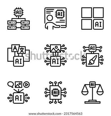 ai generated line icons set. intelligence, automation, brain, robot, content, innovation, chat, engineer, learning, process, artificial, analysis, video, media, network, science, outline