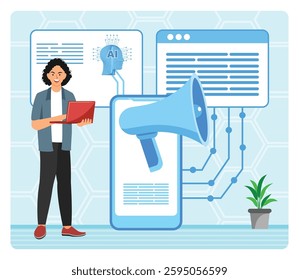 AI Generated Marketing Content Assistance concept. Marketing and Advertising. Articles and social media posts. Flat vector modern illustration 