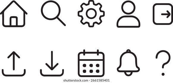 Ai generated Minimal UI Line Icons Set – Home, Search, Settings, Profile, Logout, Upload, Download, Calendar, Notification, Help