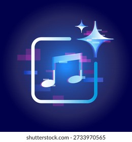 AI generated music and media creation concept with glitch effect. Generative AI, artificial intelligence creativity, digital content production, and futuristic technology.