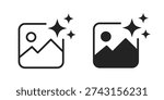 AI generated photo gallery or image file. The design features a mountain landscape with a sun and three sparkling stars, symbolizing high quality, AI enhancement, or magic editing. Includes both outline and solid versions.