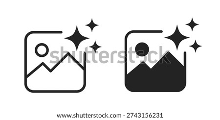 AI generated photo gallery or image file. The design features a mountain landscape with a sun and three sparkling stars, symbolizing high quality, AI enhancement, or magic editing. Includes both outline and solid versions.