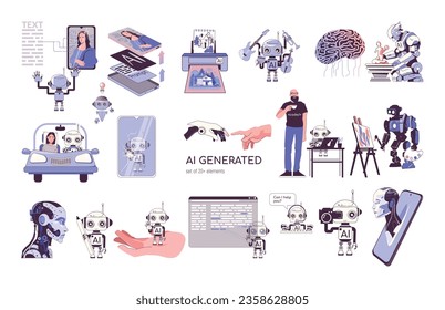 Ai generated set with flat isolated icons of gadgets artificial brain and robots interacting with people vector illustration