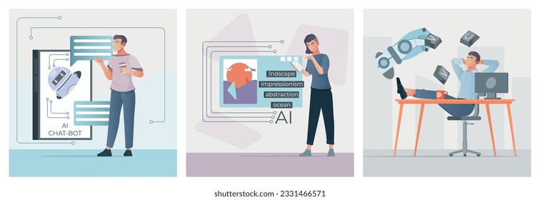 AI generated set of three square compositions with flat icons of chat bot illustrations and people vector illustration