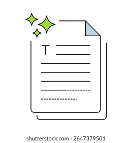 Ícone AI Gerated Text (Texto gerado pelo AI). Ícone de documento com linhas de texto. Redação automatizada, criação de conteúdo, ferramentas de texto baseadas em IA, soluções Smart Writing, ilustração Digital Text Creation.Vetor.