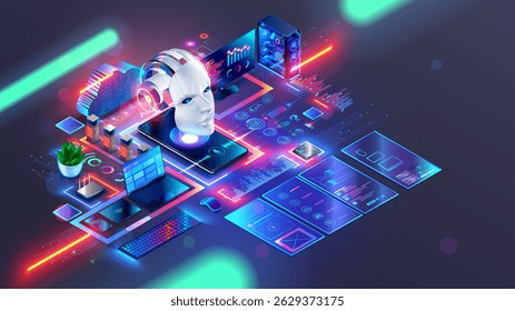 A IA gera código de programas, páginas da Web. Chatbot com AI para programação, web design cria modelos de site, interfaces de programa. Cabeça de robô acima do telefone, laptop, tablet com texto de programa, ícones.