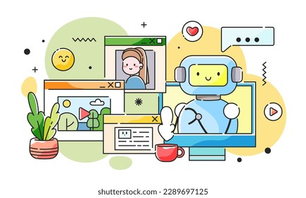 AI generates media content - pictures, photos, text, posts, articles and videos. Artificial intelligence and neural networks future concept. Cute cartoon robot generates digital content and art.