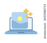 AI for generating or enhancing images. Flat illustration of a laptop with AI images and icons. Symbolizing image creation or the use of filters with the help of AI. Flat design illustration.