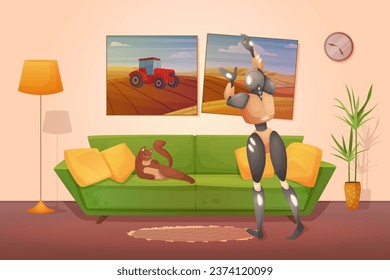 AI generation of art content, artistic design automation vector illustration. Cartoon robot character hanging drawings generated by artificial intelligence on wall of home living room interior