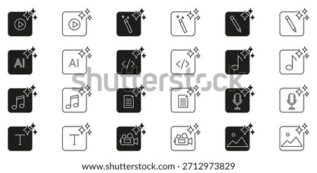 AI Generation Icons with Music Note, Document, Image, Microphone, Pencil and Writing Tools Line and Solid Icon Set. Artificial Intelligence Symbols. Isolated Vector Illustration.