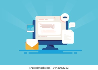 AI generative content, Artificial intelligence writing texts and generating image and video content, AI writing email, article and story - vector illustration with icons