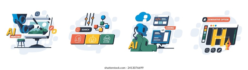 Ai generative Füllung. Abstrakte maschinelle Lernkunst, digitales Malautomationskonzept mit Chatbot und AI Prompt. Vektorgrafik. Roboterprogrammierung auf dem Computer, kreativer Zeichnungsprozess