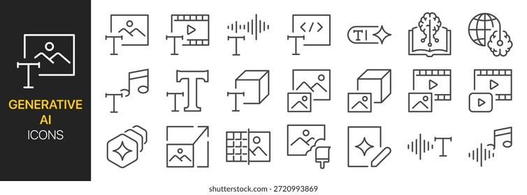 Conjunto de iconos generativos de IA. Incluía gen ai, Instrucción, inteligencia artificial, digital y más íconos. Trazo de Vector editable.