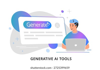 KI generative Online-Tools und -Dienste für Benutzer. Flache Farbverlauf-Vektorgrafik von glücklichen Teenager sitzen mit Laptop und mit generativen Hilfsmitteln online 