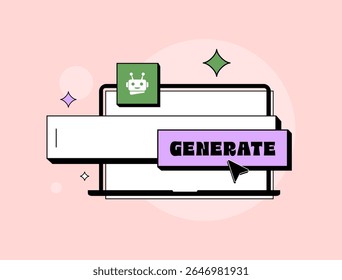 Gerador de AI prompt em estilo plano retro com ícone robô e laptop. Interface pastel mínima para criar conteúdo usando tecnologia de gerador de IA, ilustração de vetor