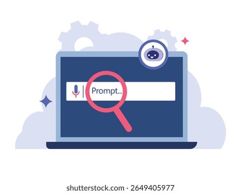 Prompt do gerador de AI com o ícone do robô e laptop. Interface para criar conteúdo usando a tecnologia de gerador de IA