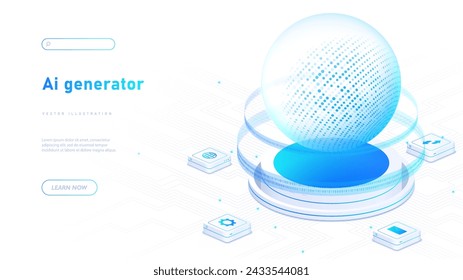 AI generator white poster. Artificial intelligence and machine learning. Modern technologies and innovations. Digital bot and assistant. Landing webpage design. Neon isometric vector illustration