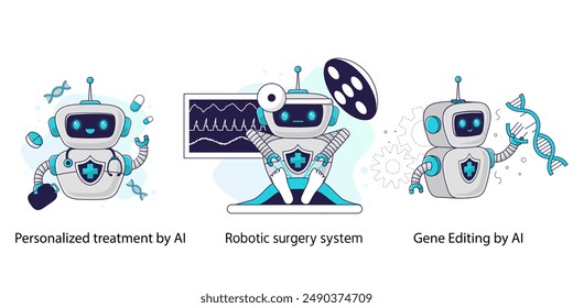 IA en ingeniería genética, cirugía y análisis de historias clínicas. El concepto de medicina del futuro. Personaje robot en estilo plano