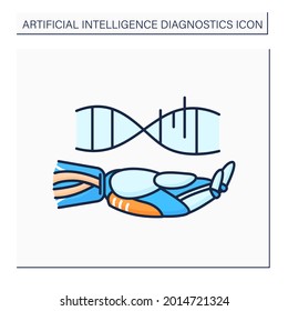AI in genetic line icon. Genetic engineering. Genes data analysis software. AI diagnostic concept. Isolated vector illustration