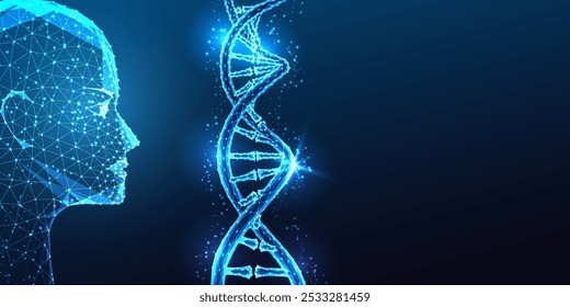 AI genetics and biotechnology concept with AI robotic head examining DNA strand on dark blue background. Innovation in genomics, bioengineering, healthcare AI. Glowing polygonal vector illustration.