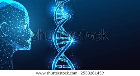 AI genetics and biotechnology concept with AI robotic head examining DNA strand on dark blue background. Innovation in genomics, bioengineering, healthcare AI. Glowing polygonal vector illustration.