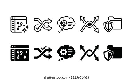AI Git Line and Solid Icon Pack For Software | Code assistant, version control, auto merge, secure repo - Flat Design and Editable Vector Icons.