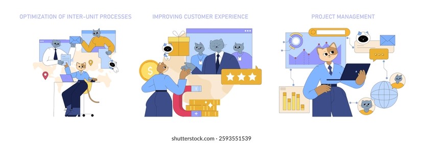 AI in global business focuses on optimizing inter-unit processes, enhancing customer experience, and effective project management. The illustration captures these themes through engaging and relatable