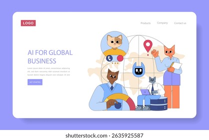 AI for global business illustration. Represents diverse characters engaged with technology and communication on a world map. Highlights the role of artificial intelligence in modern commerce. Vector