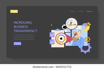 AI in global business management focuses on enhancing transparency and efficiency. This illustration captures the integration of AI tools for decision-making and monitoring performance. Vector